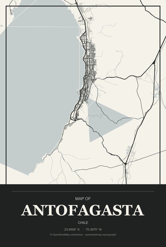 Antofagasta, Chile City Map Aluminum Sign in Museum Plaque style