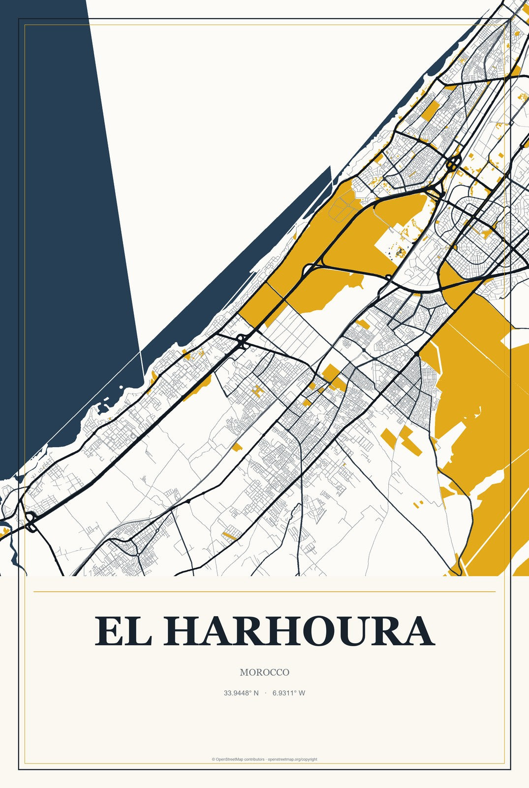 El Harhoura, Morocco City Map Aluminum Sign in Citrine Modern style