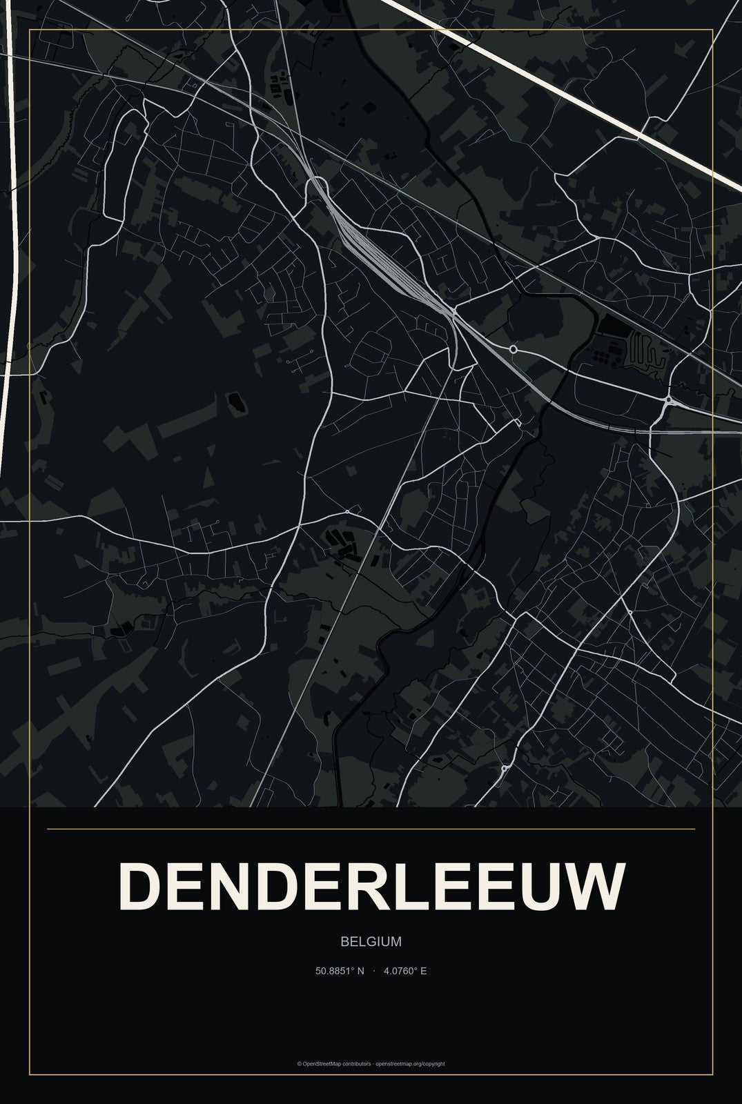 Denderleeuw, Belgium City Map Aluminum Sign in Metropolitan Noir style