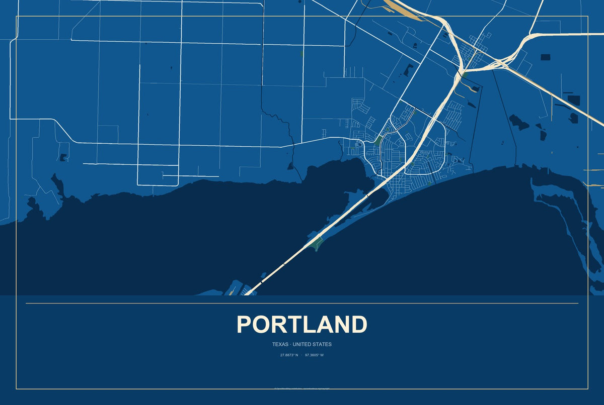 Portland, Texas City Map Aluminum Sign in Harbor Cobalt style