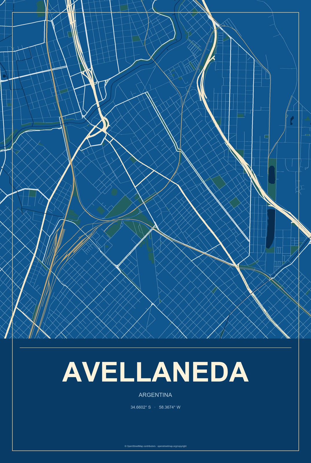 Avellaneda, Buenos Aires, Argentina City Map Aluminum Sign in Harbor Cobalt style