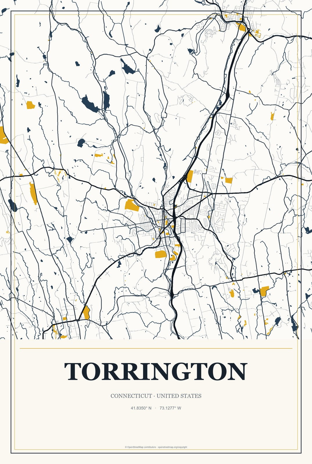 Torrington, Connecticut City Map Aluminum Sign in Citrine Modern style