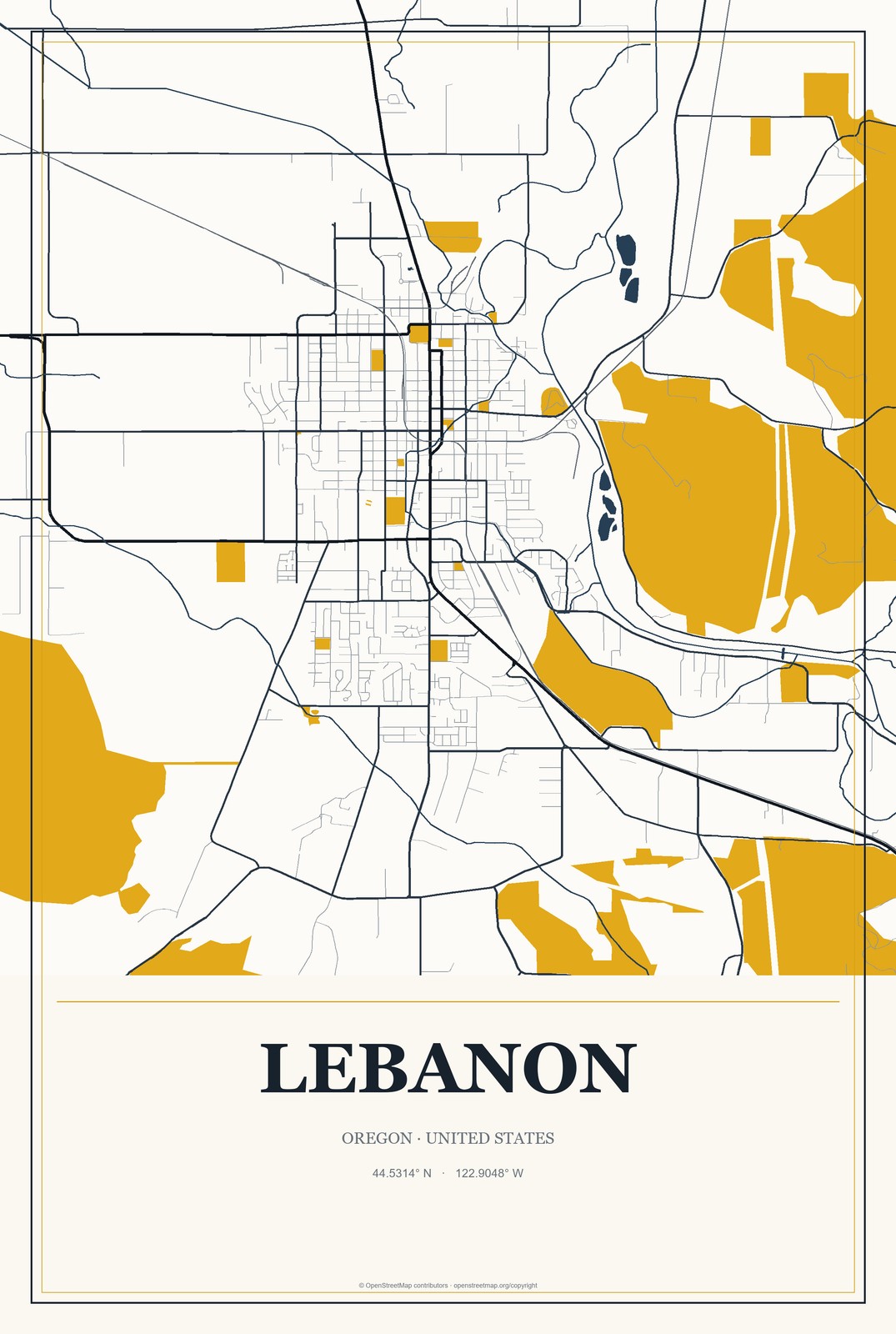 Lebanon, Oregon City Map Aluminum Sign in Citrine Modern style