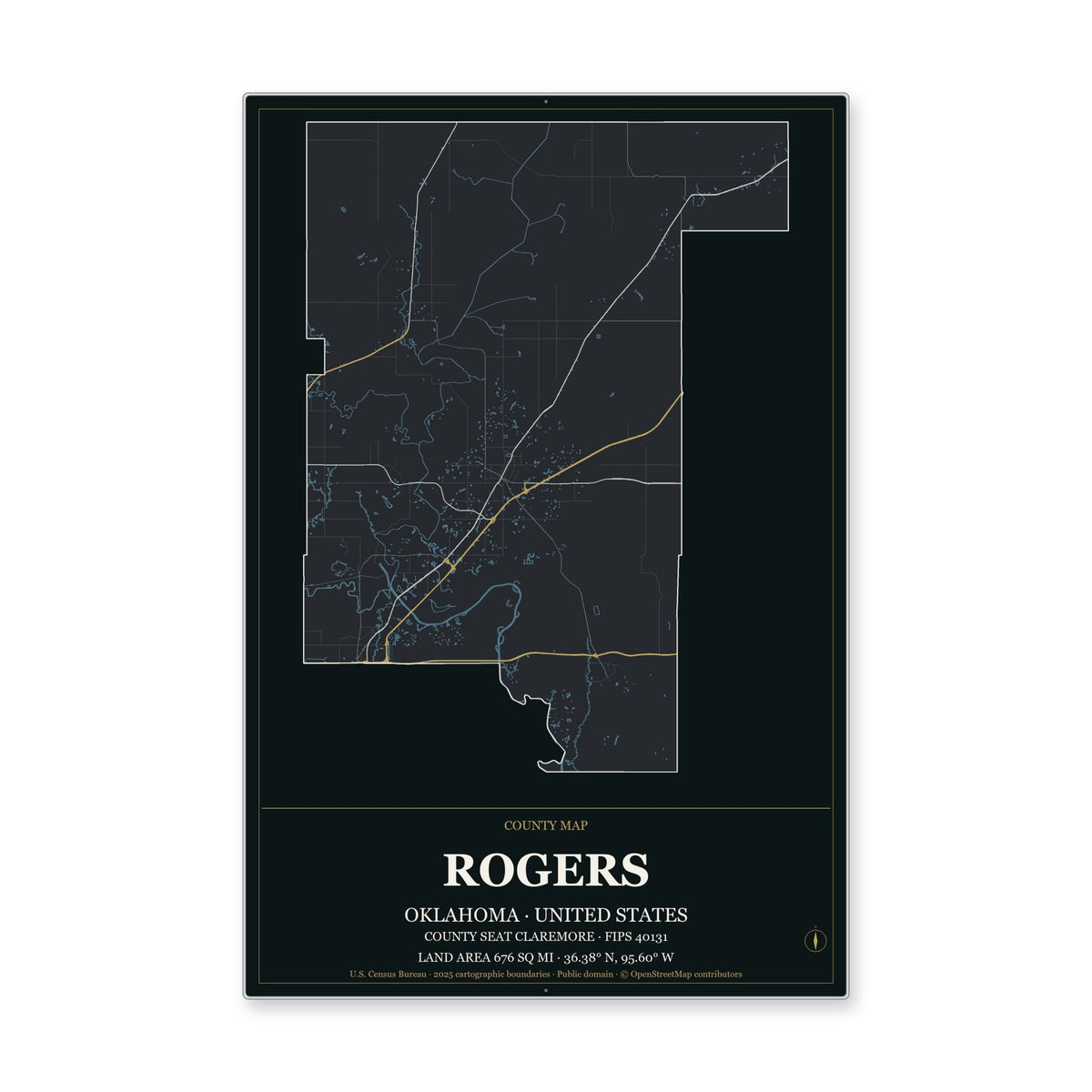 Rogers County, Oklahoma Map Aluminum Sign in Metropolitan Noir style