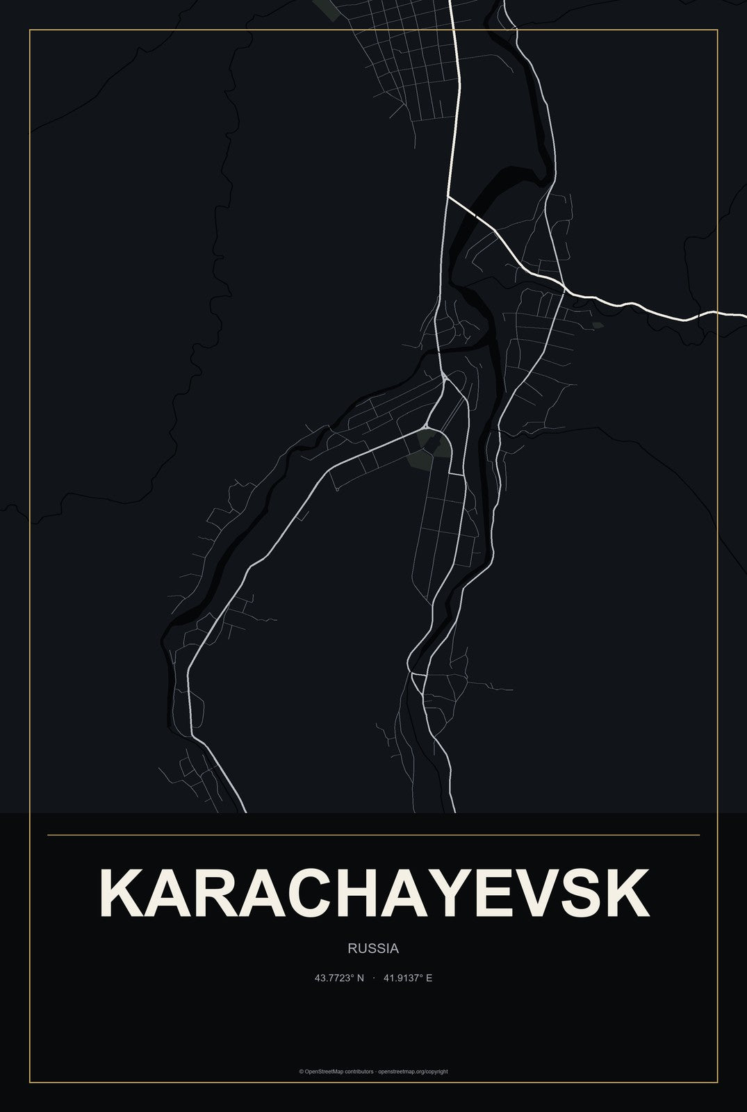 Karachayevsk, Russia City Map Aluminum Sign in Metropolitan Noir style