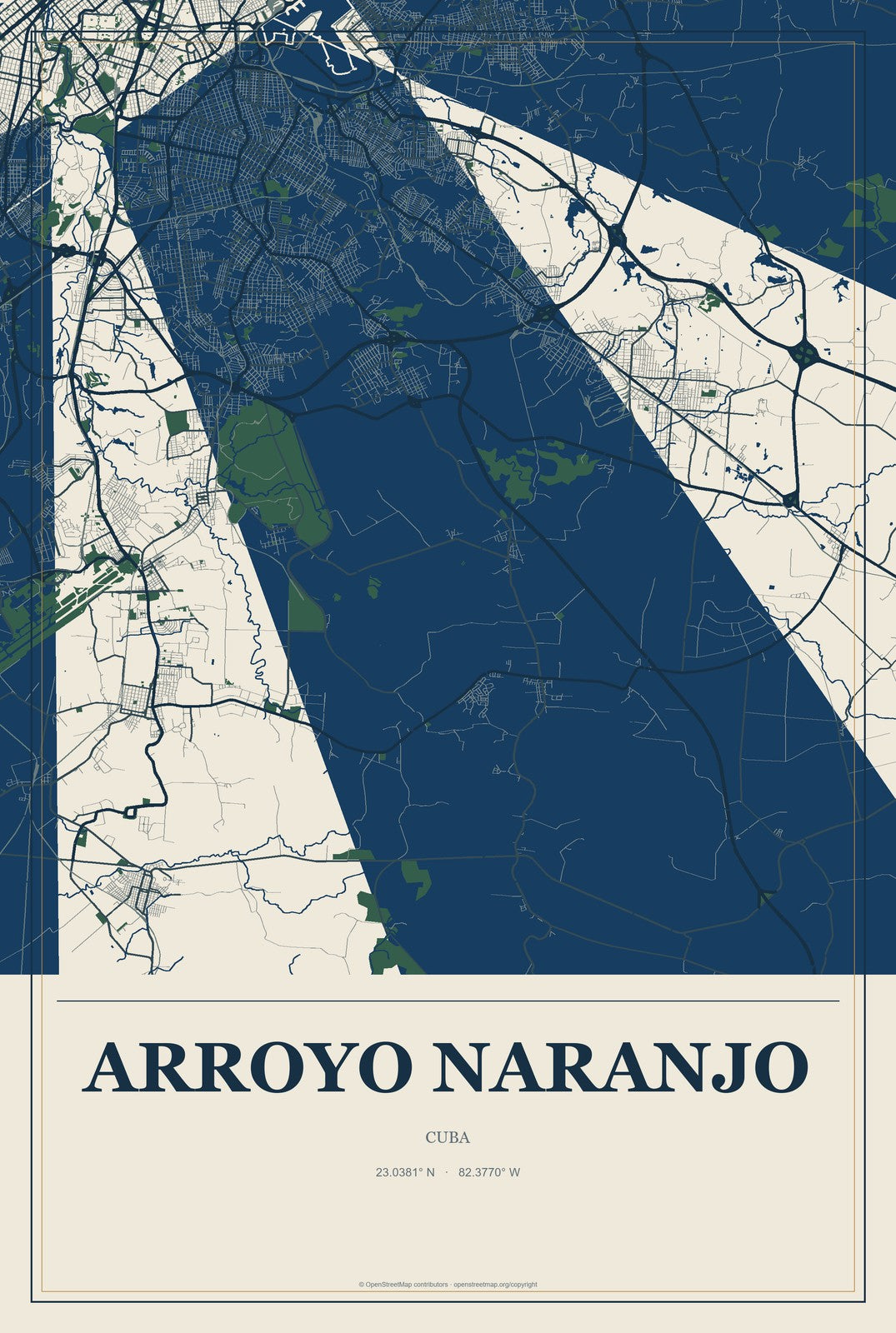 Arroyo Naranjo, Cuba City Map Aluminum Sign in Coastal Cutout style