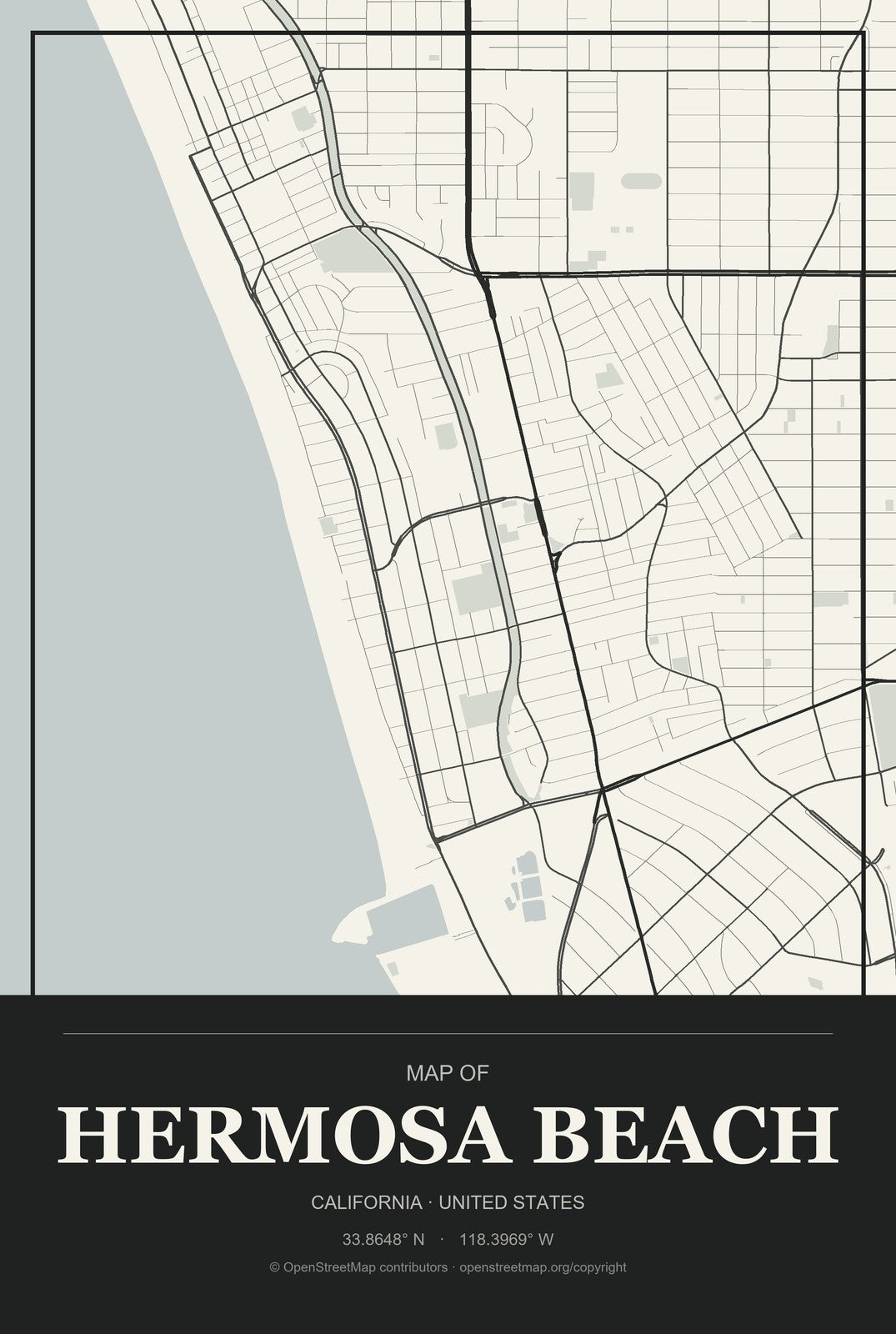 Hermosa Beach, California City Map Aluminum Sign in Museum Plaque style