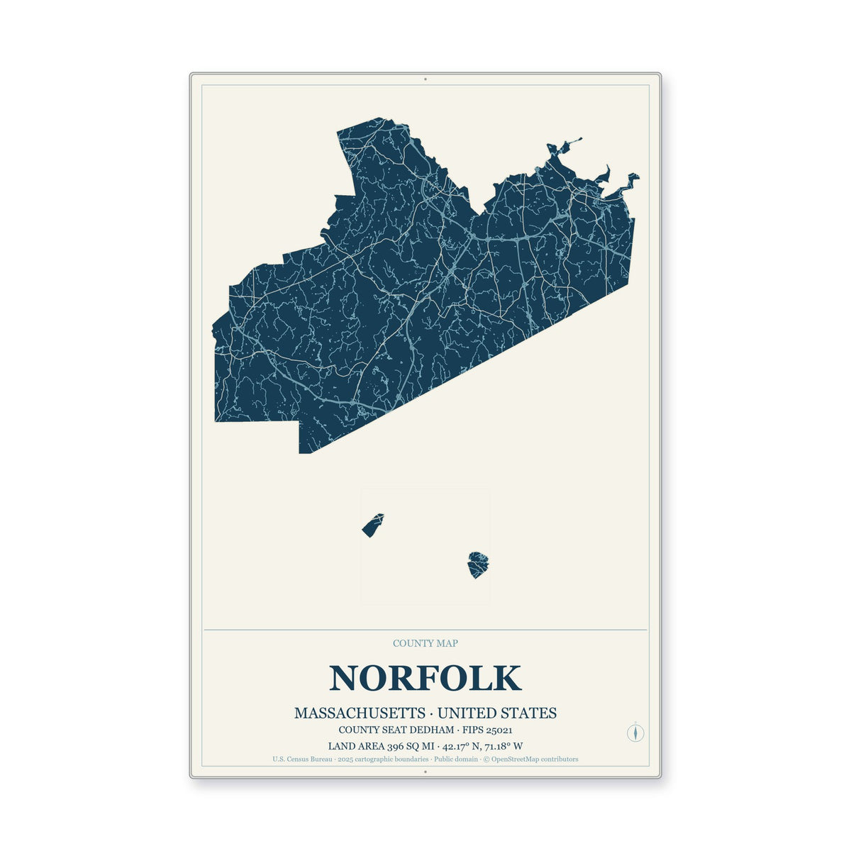 Norfolk County, Massachusetts Map Aluminum Sign in Coastal Cutout style