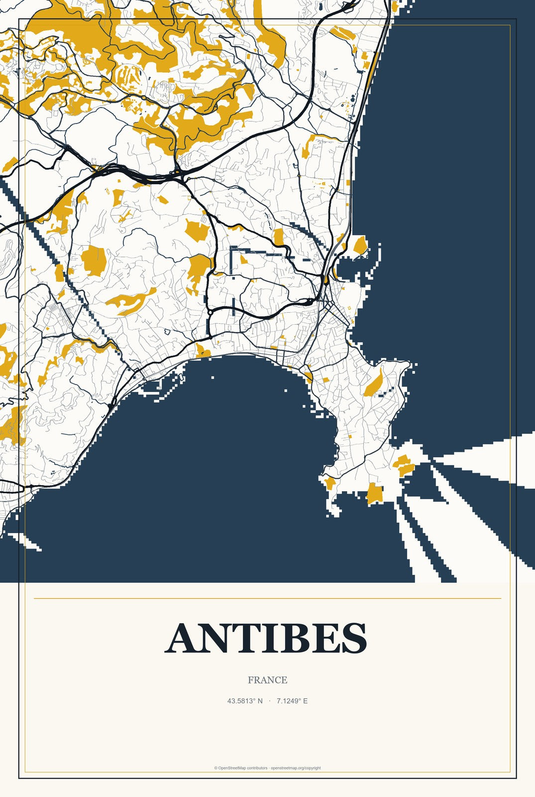 Antibes, France City Map Aluminum Sign in Citrine Modern style