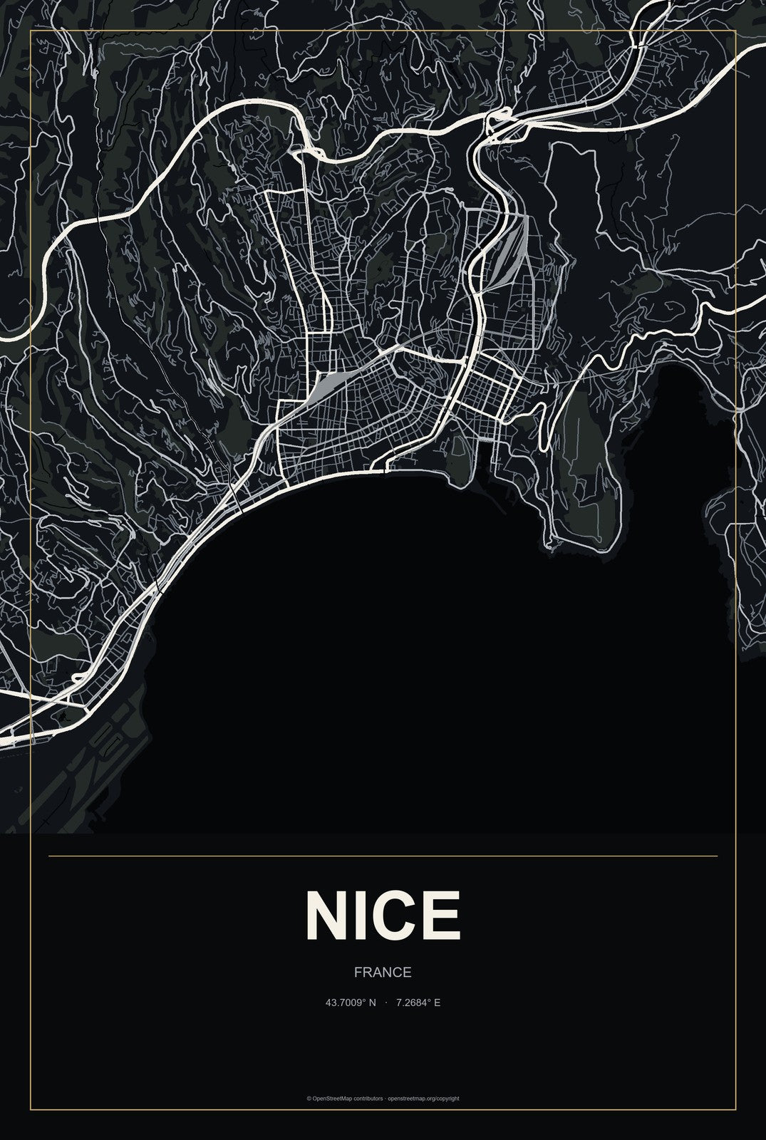 Nice, France City Map Aluminum Sign in Metropolitan Noir style