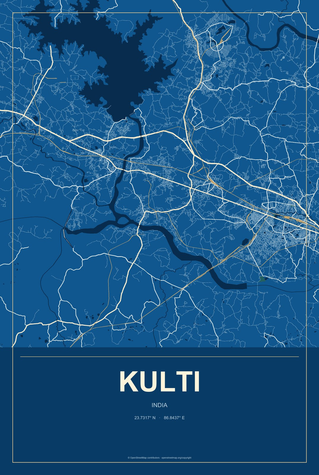 Kulti, India City Map Aluminum Sign in Harbor Cobalt style