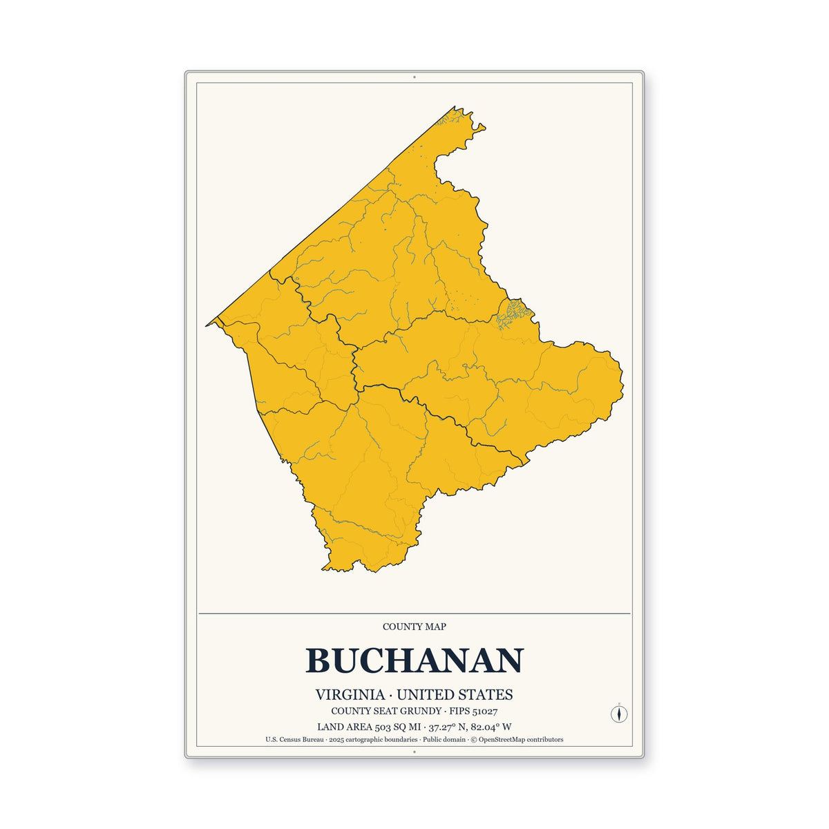 Buchanan County, Virginia Map Aluminum Sign in Citrine Modern style