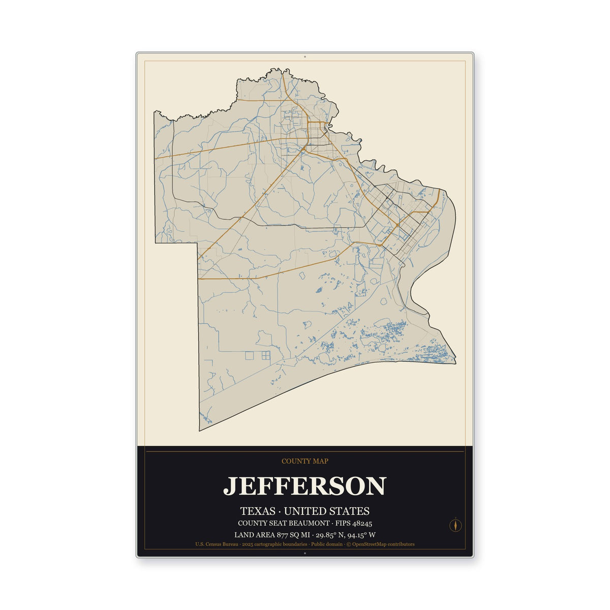 Jefferson County, Texas Map Aluminum Sign in Museum Plaque style