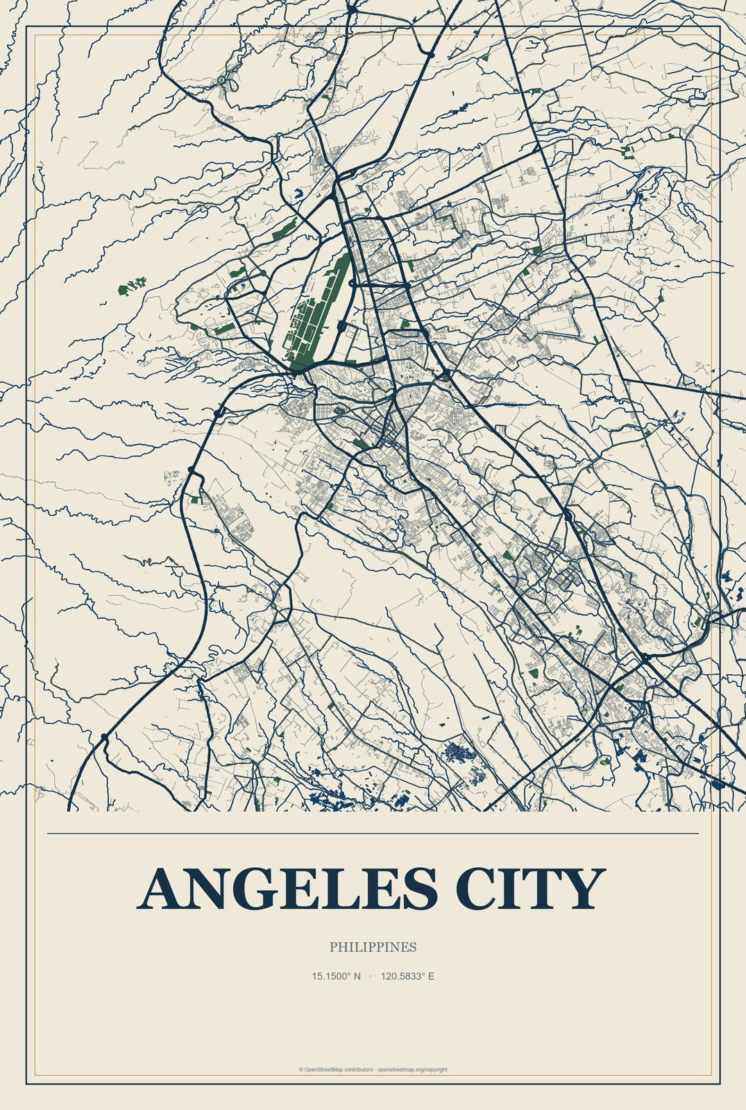 Angeles City, Philippines City Map Aluminum Sign in Coastal Cutout style