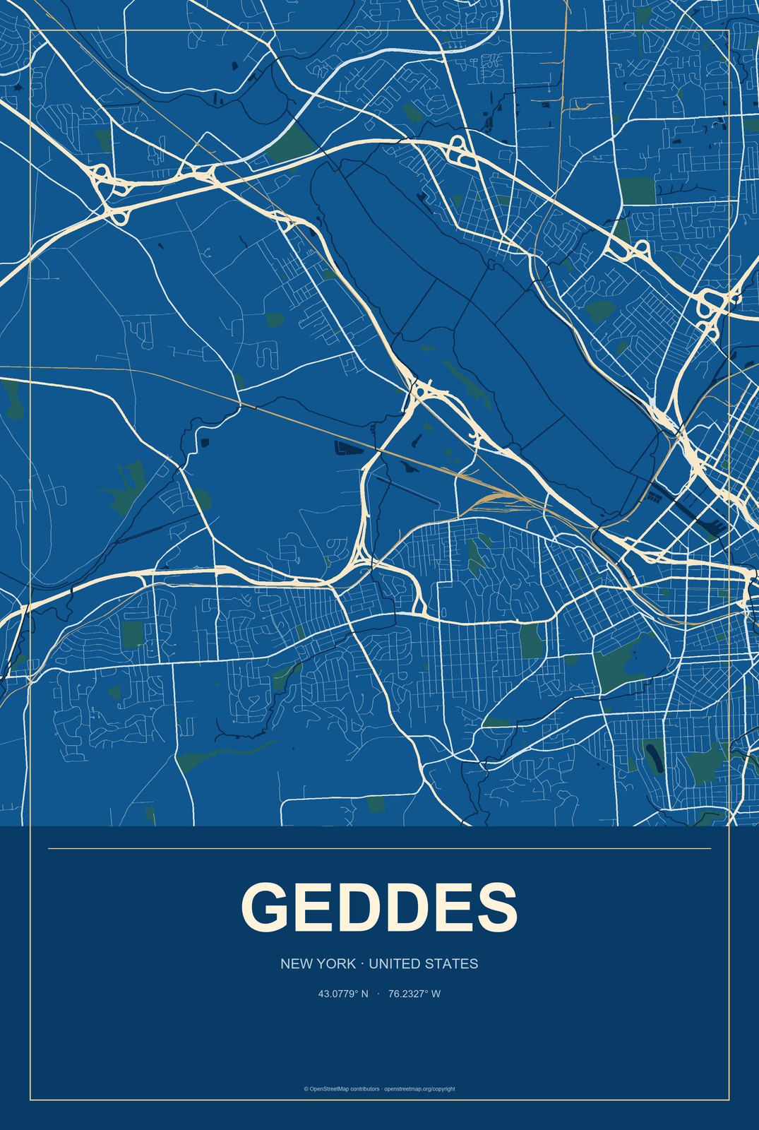 Geddes, New York City Map Aluminum Sign in Harbor Cobalt style