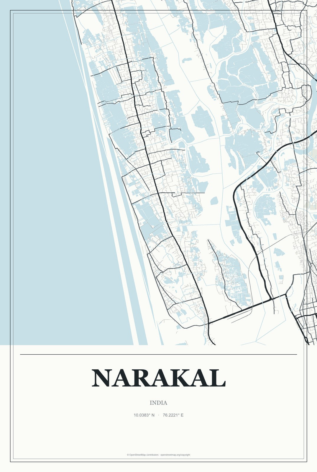 Narakal, India City Map Aluminum Sign in Gallery Air style