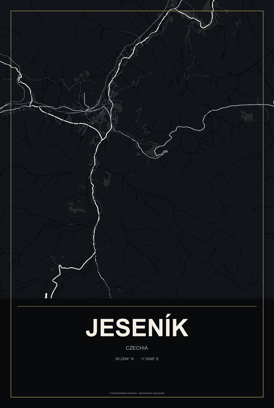 Jeseník, Czechia City Map Aluminum Sign in Metropolitan Noir style