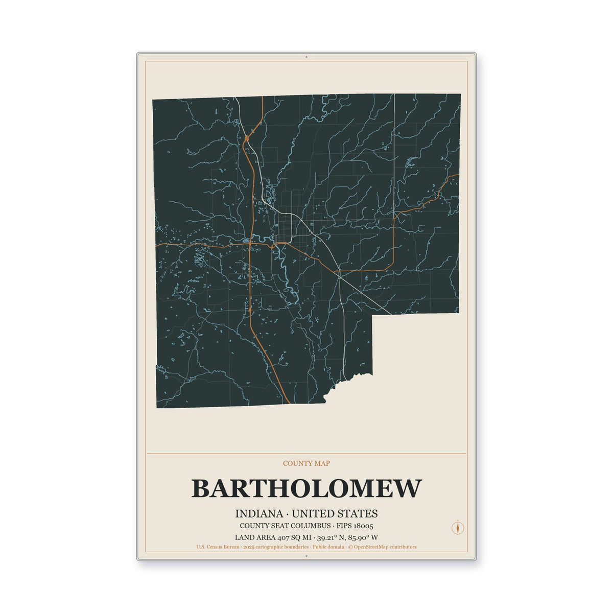 Bartholomew County, Indiana Map Aluminum Sign in Headline Atlas style