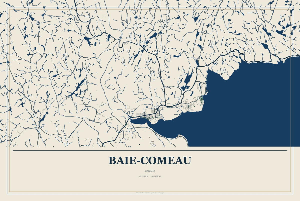 Baie-Comeau, Canada City Map Aluminum Sign in Coastal Cutout style