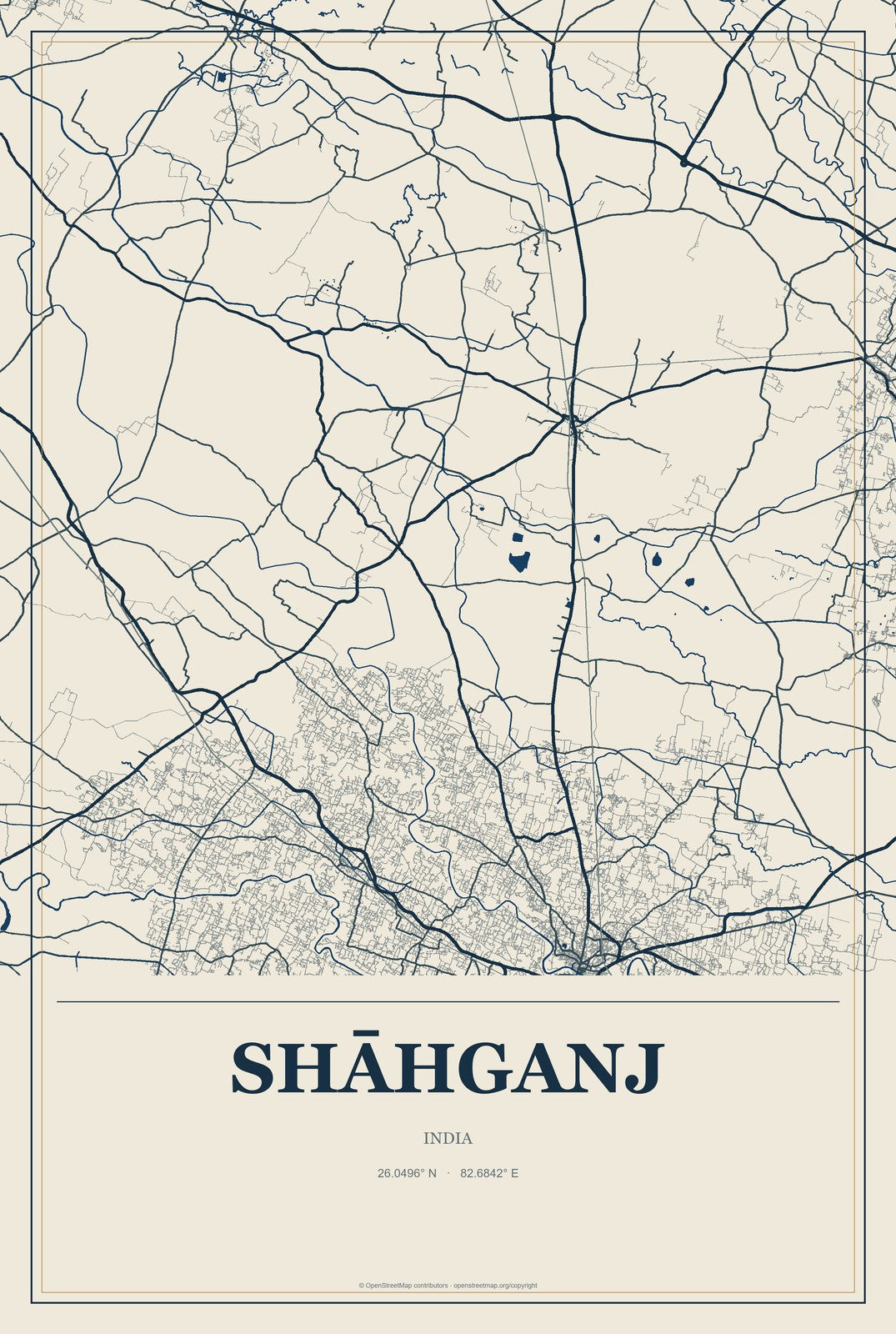 Shāhganj, India City Map Aluminum Sign in Coastal Cutout style