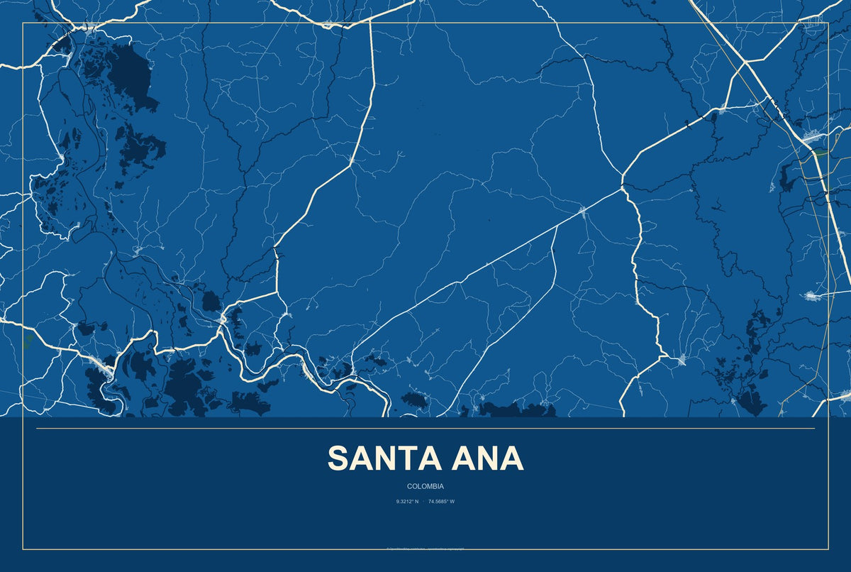 Santa Ana, Colombia City Map Aluminum Sign in Harbor Cobalt style