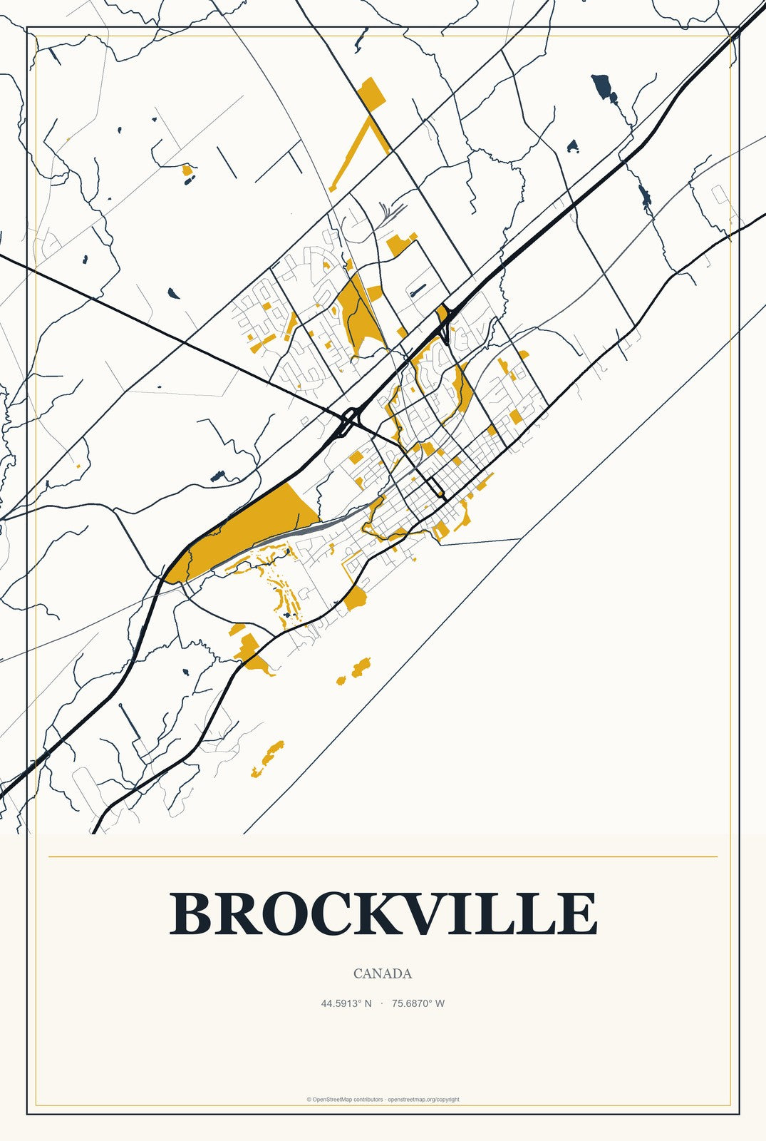 Brockville, Canada City Map Aluminum Sign in Citrine Modern style