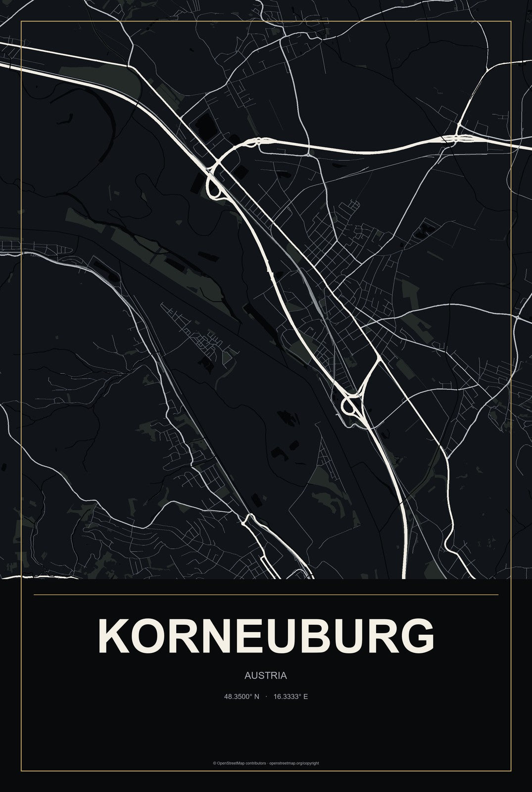 Korneuburg, Austria City Map Aluminum Sign in Metropolitan Noir style