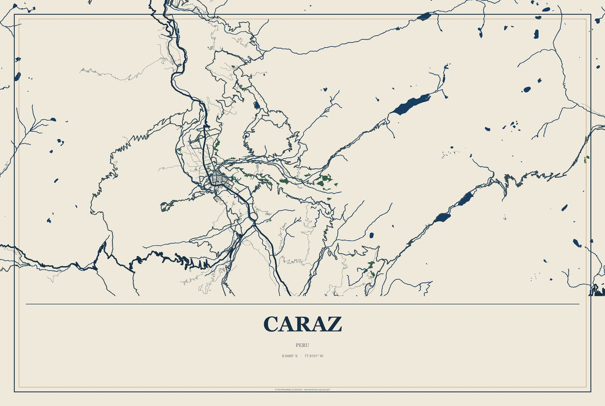 Caraz, Peru City Map Aluminum Sign in Coastal Cutout style