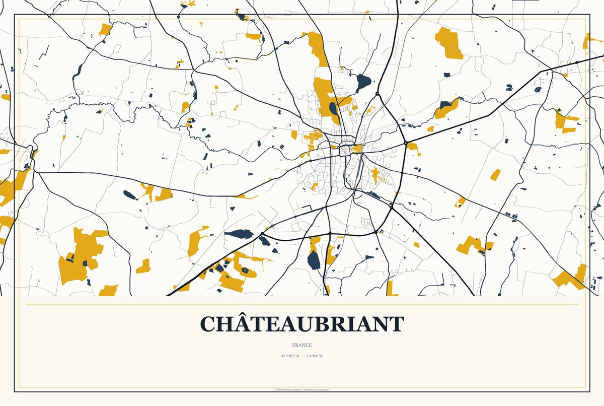 Châteaubriant, France City Map Aluminum Sign in Citrine Modern style