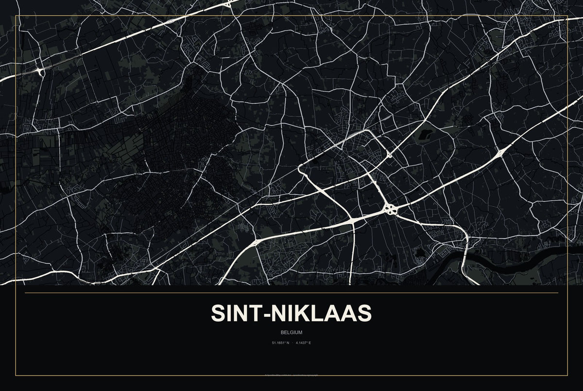 Sint-Niklaas, Belgium City Map Aluminum Sign in Metropolitan Noir style