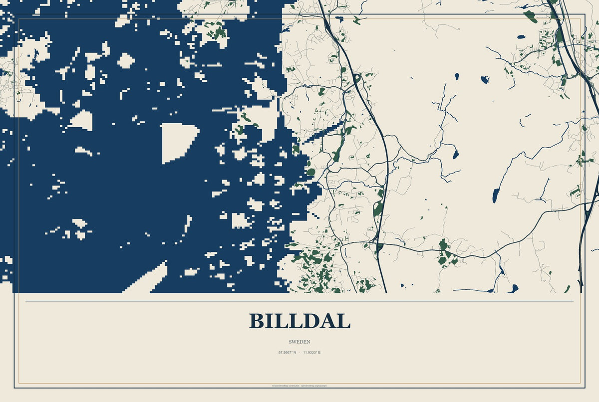 Billdal, Sweden City Map Aluminum Sign in Coastal Cutout style