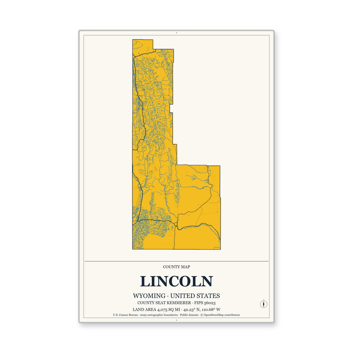 Lincoln County, Wyoming Map Aluminum Sign in Citrine Modern style