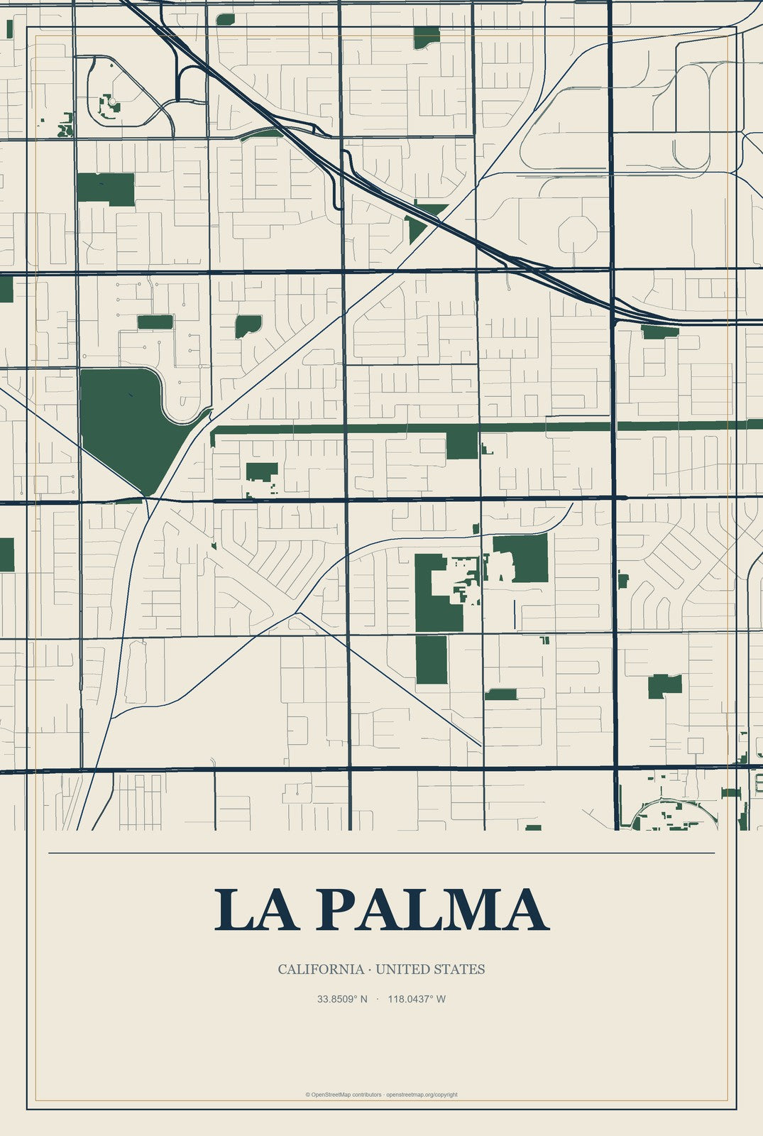 La Palma, California City Map Aluminum Sign in Coastal Cutout style