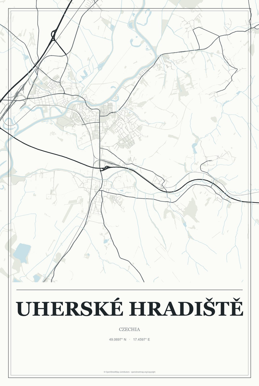 Uherské Hradiště, Czechia City Map Aluminum Sign in Gallery Air style