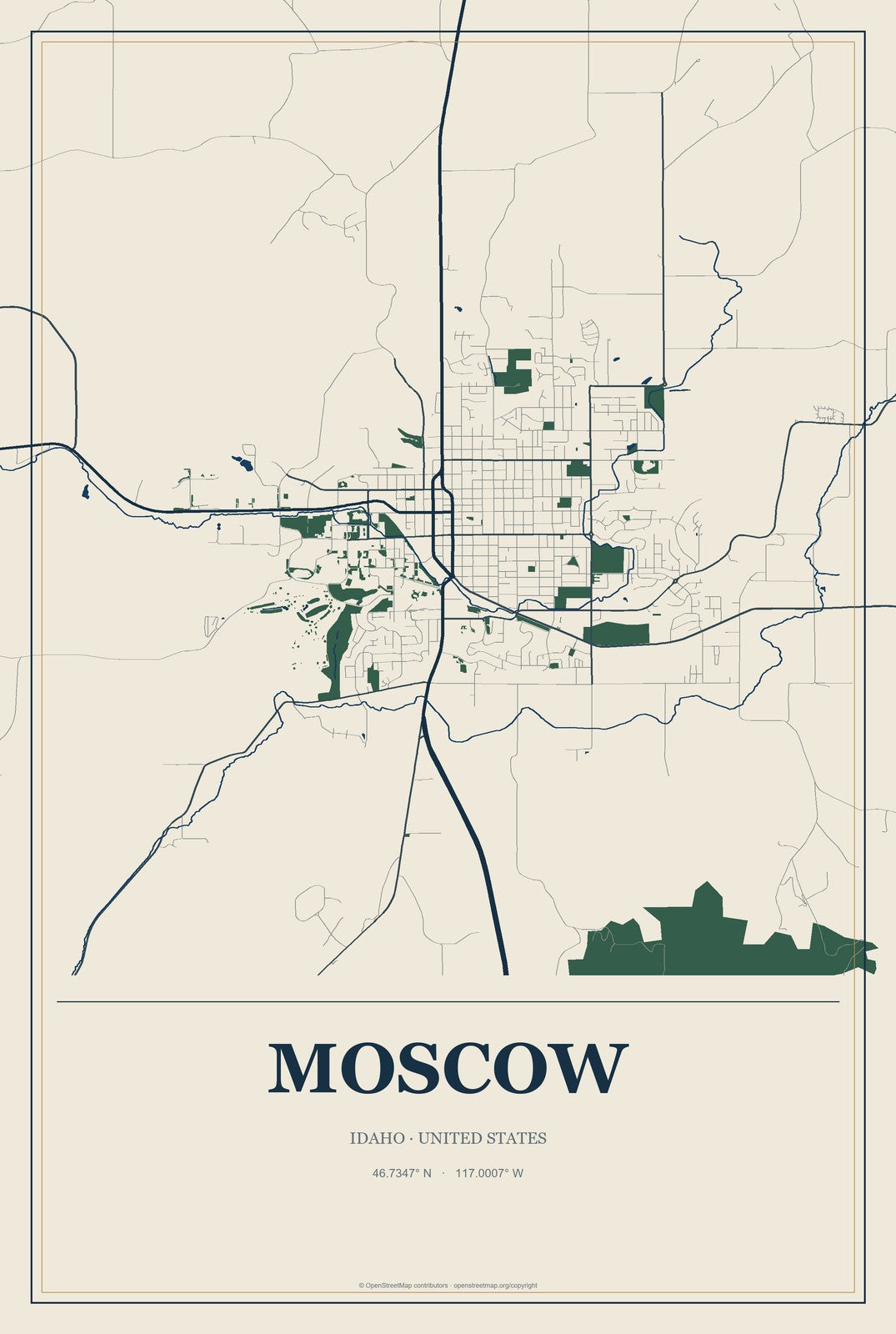 Moscow, Idaho City Map Aluminum Sign in Coastal Cutout style