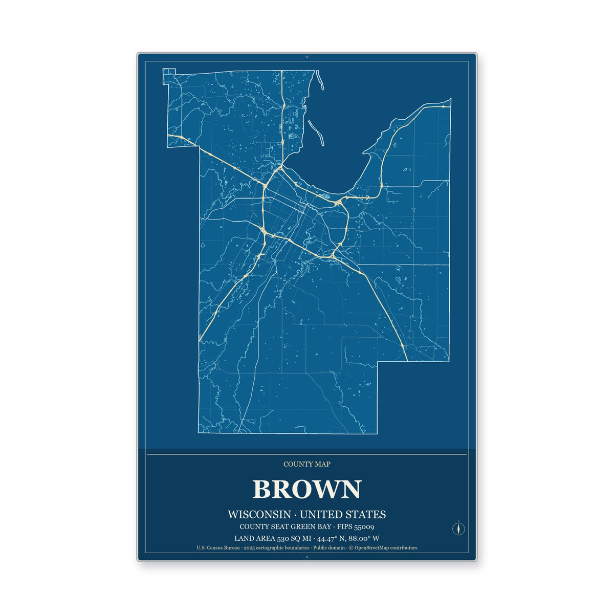 Brown County, Wisconsin Map Aluminum Sign in Harbor Cobalt style
