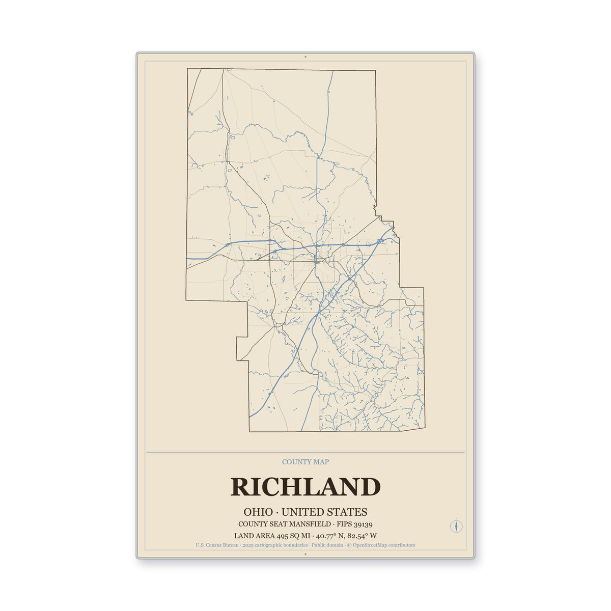 Richland County, Ohio Map Aluminum Sign in Heritage Nautical style