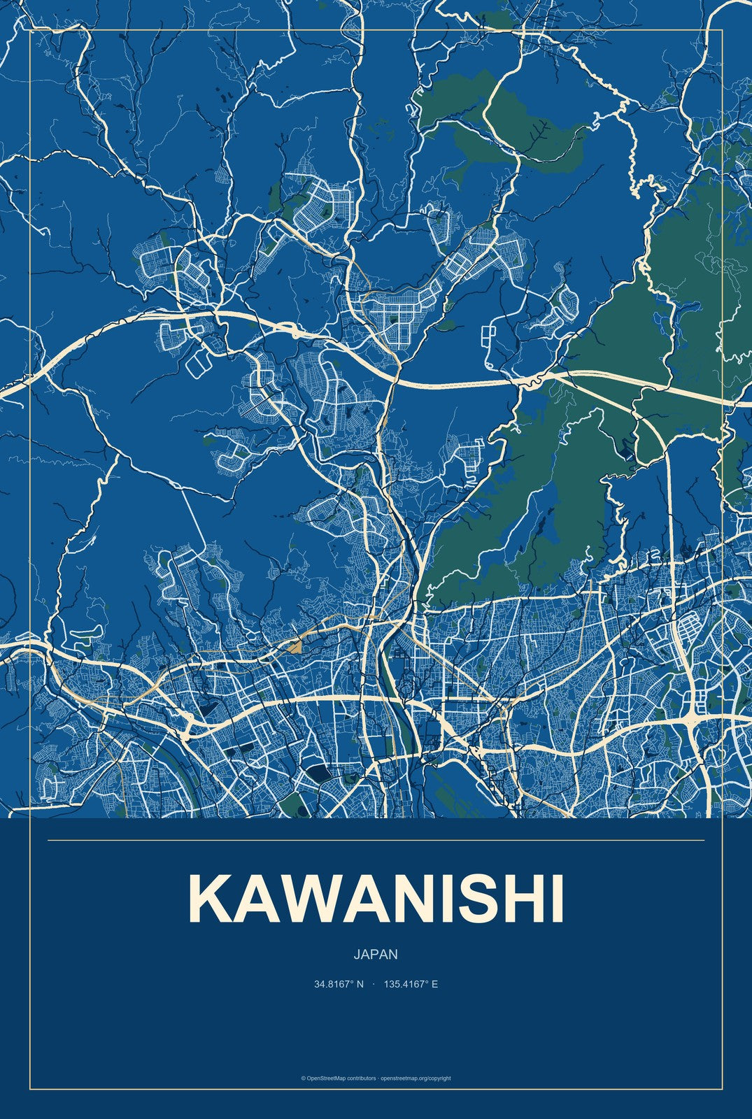 Kawanishi, Japan City Map Aluminum Sign in Harbor Cobalt style