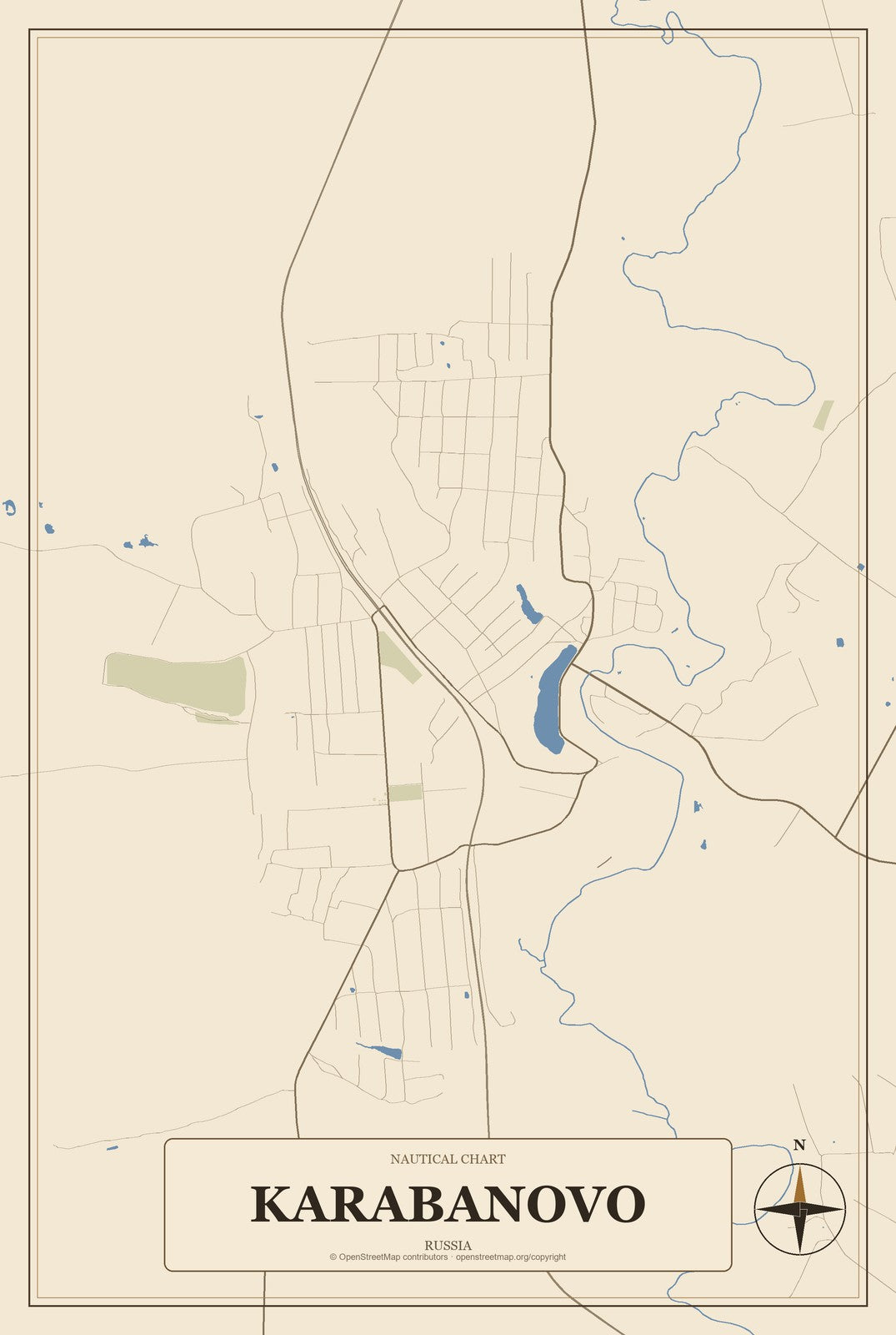 Karabanovo, Russia City Map Aluminum Sign in Heritage Nautical style