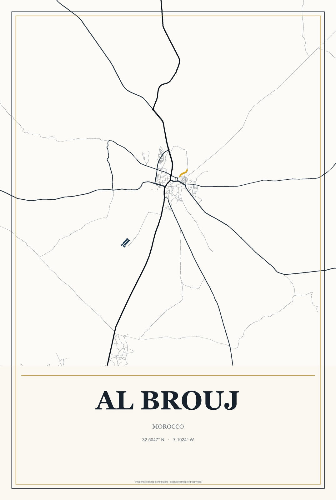 Al Brouj, Morocco City Map Aluminum Sign in Citrine Modern style