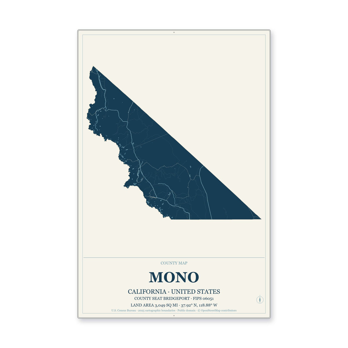 Mono County, California Map Aluminum Sign in Coastal Cutout style