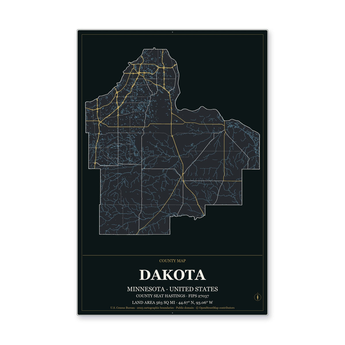 Dakota County, Minnesota Map Aluminum Sign in Metropolitan Noir style