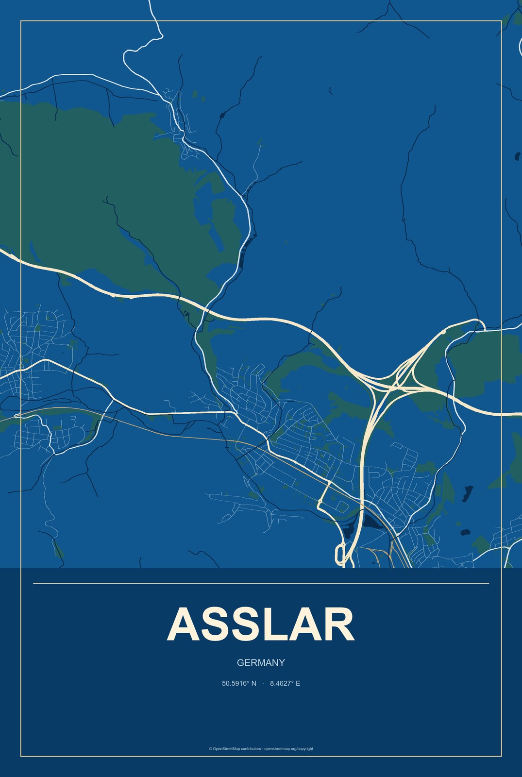 Aßlar, Germany City Map Aluminum Sign in Harbor Cobalt style
