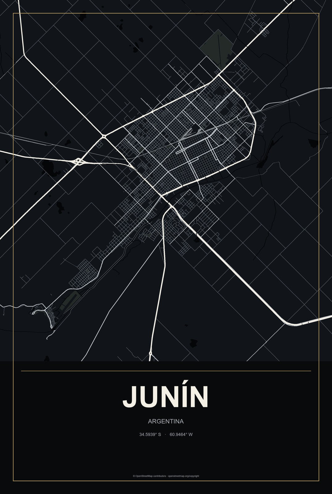 Junín, Mendoza, Argentina City Map Aluminum Sign in Metropolitan Noir style