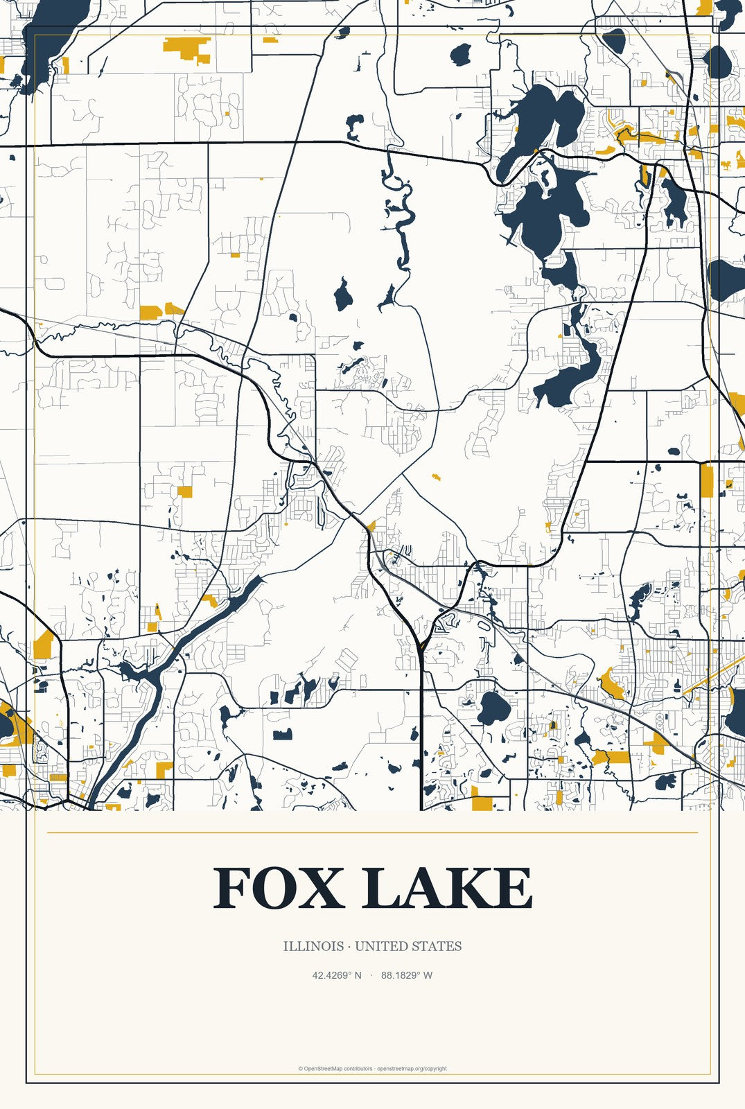 Fox Lake, Illinois City Map Aluminum Sign in Citrine Modern style
