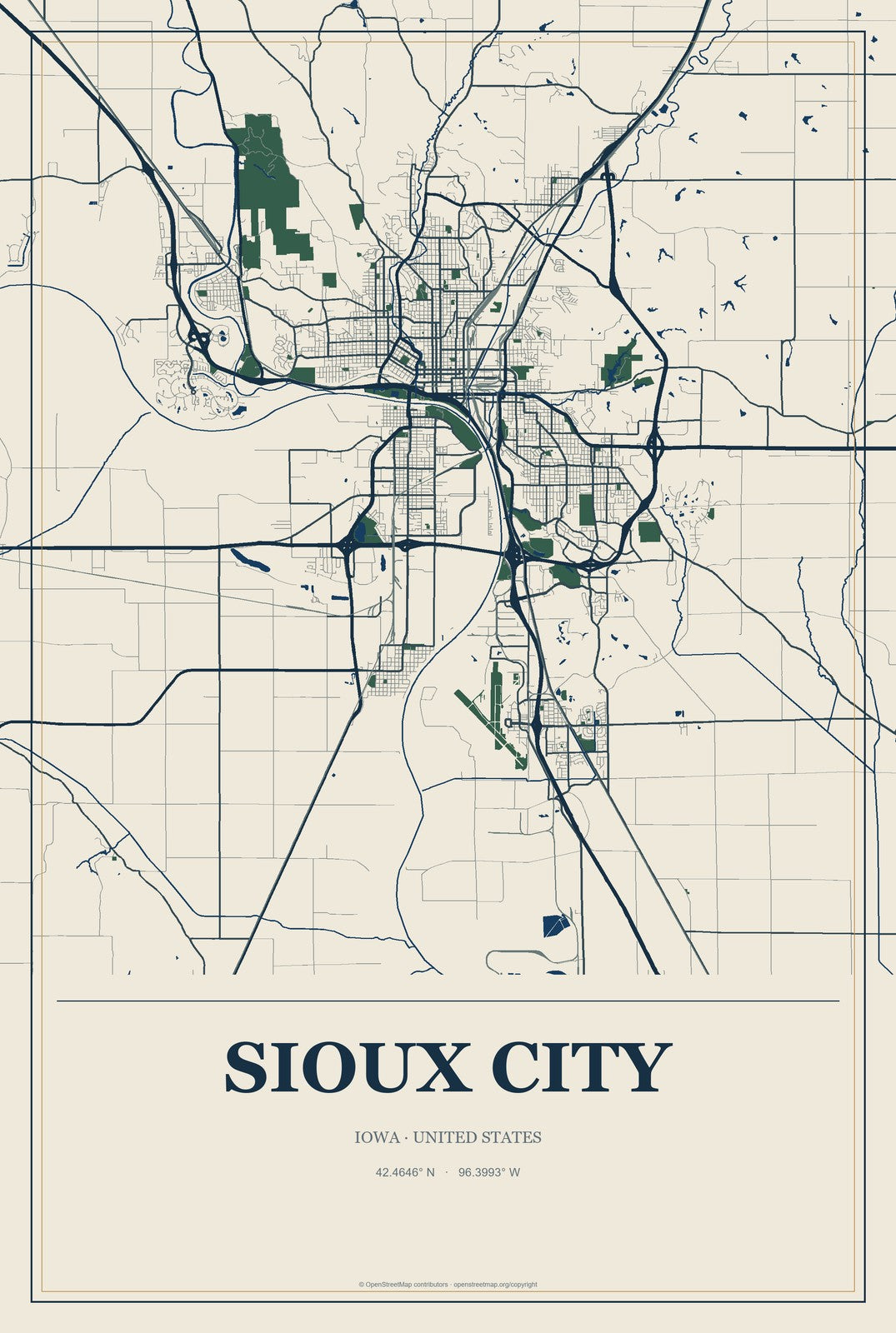 Sioux City, Iowa City Map Aluminum Sign in Coastal Cutout style