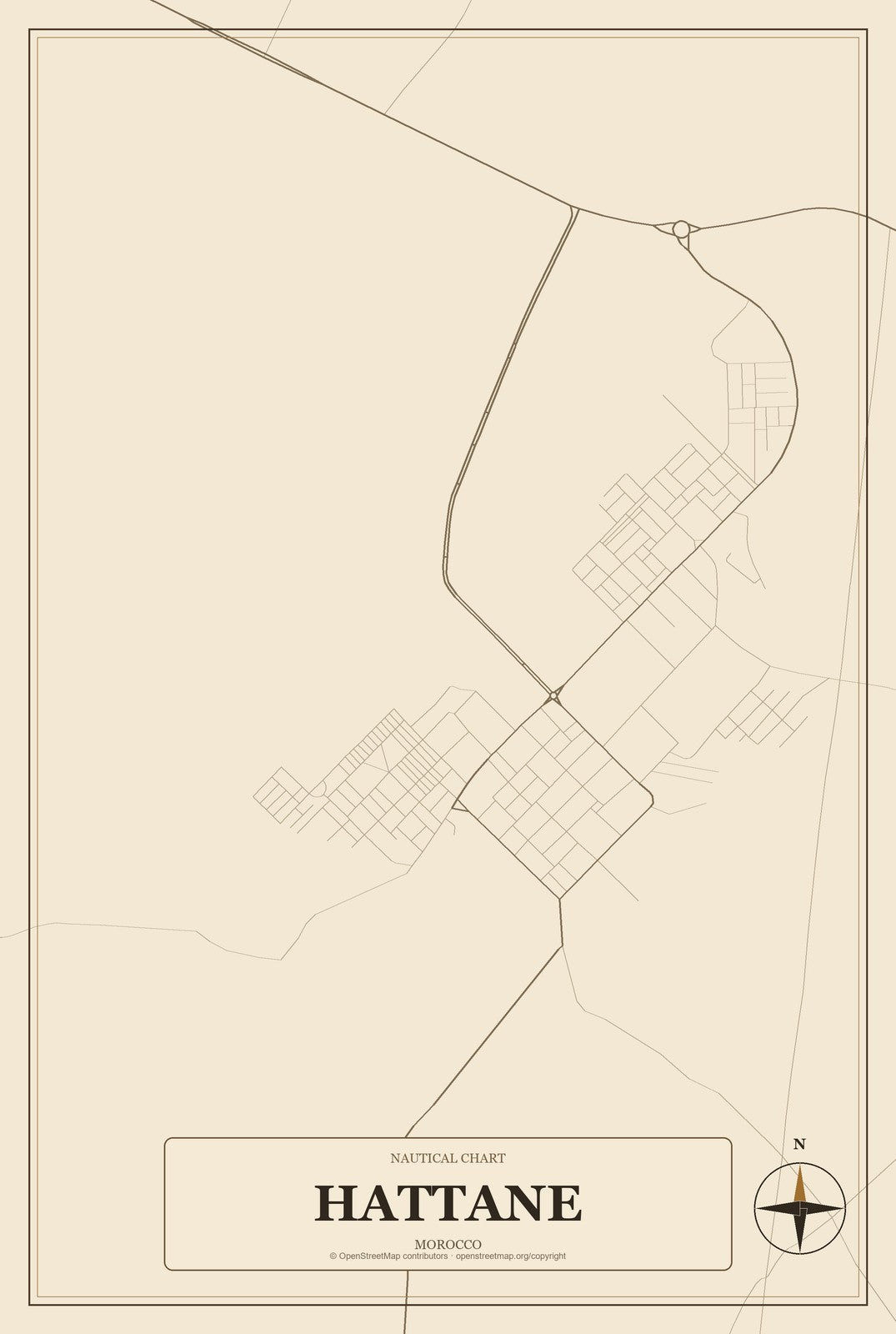 Hattane, Morocco City Map Aluminum Sign in Heritage Nautical style