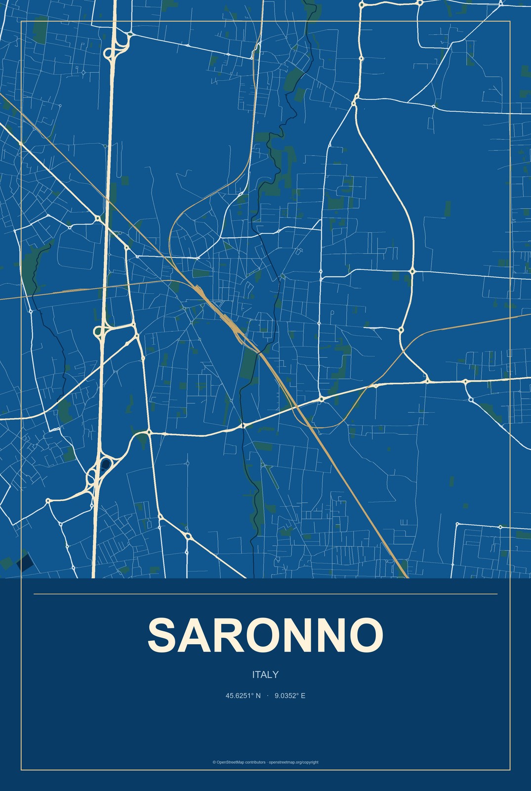 Saronno, Italy City Map Aluminum Sign in Harbor Cobalt style