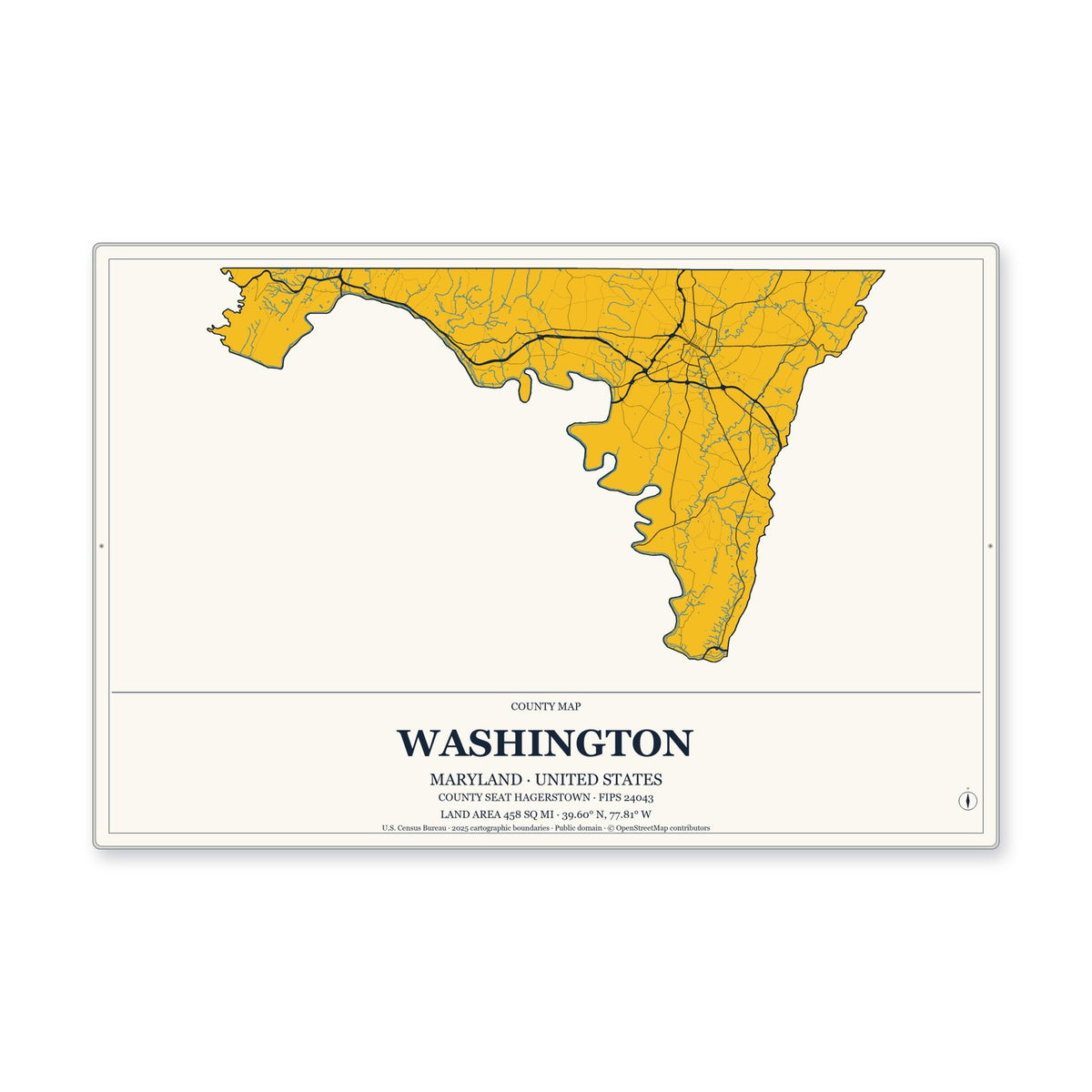 Washington County, Maryland Map Aluminum Sign in Citrine Modern style