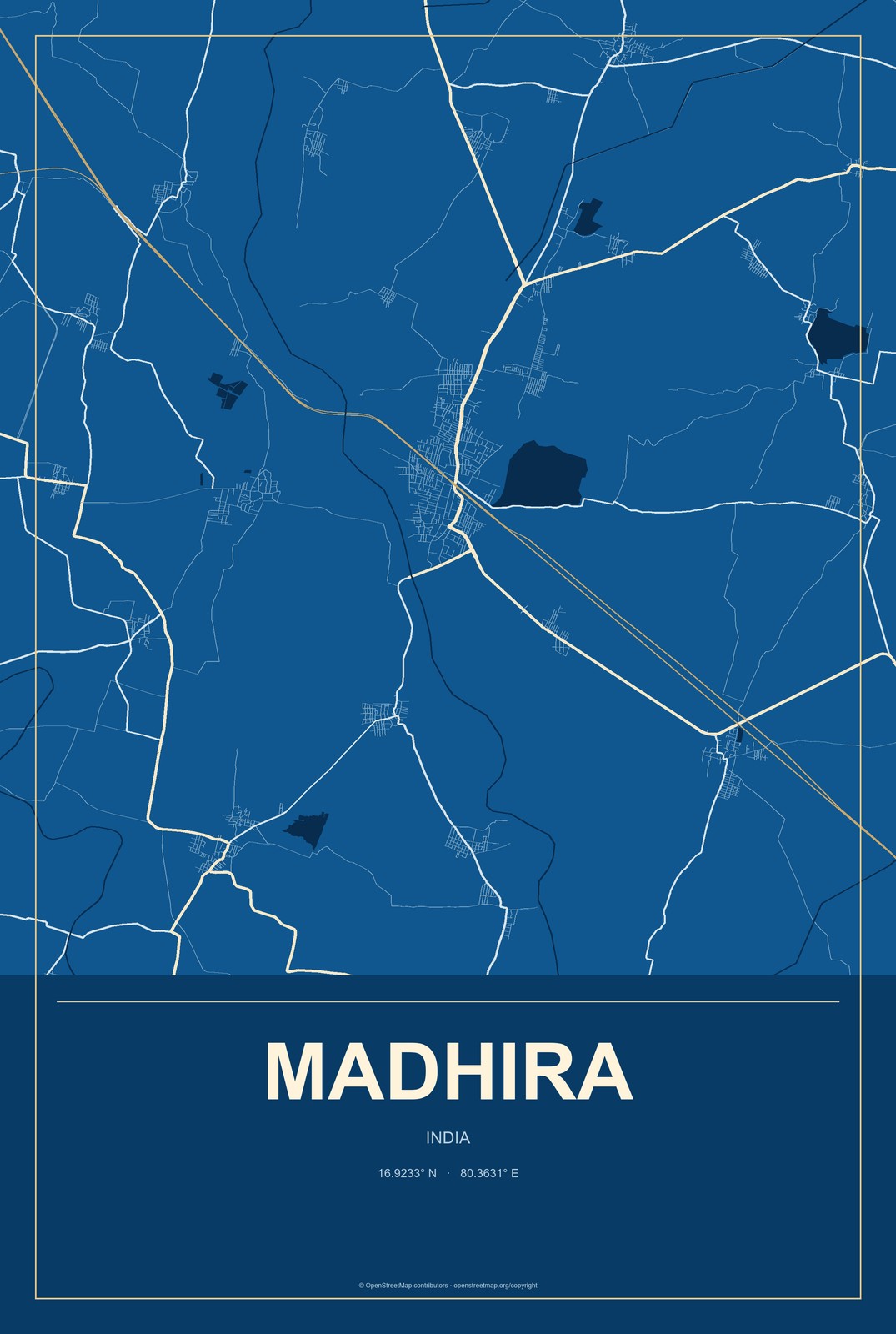 Madhira, India City Map Aluminum Sign in Harbor Cobalt style